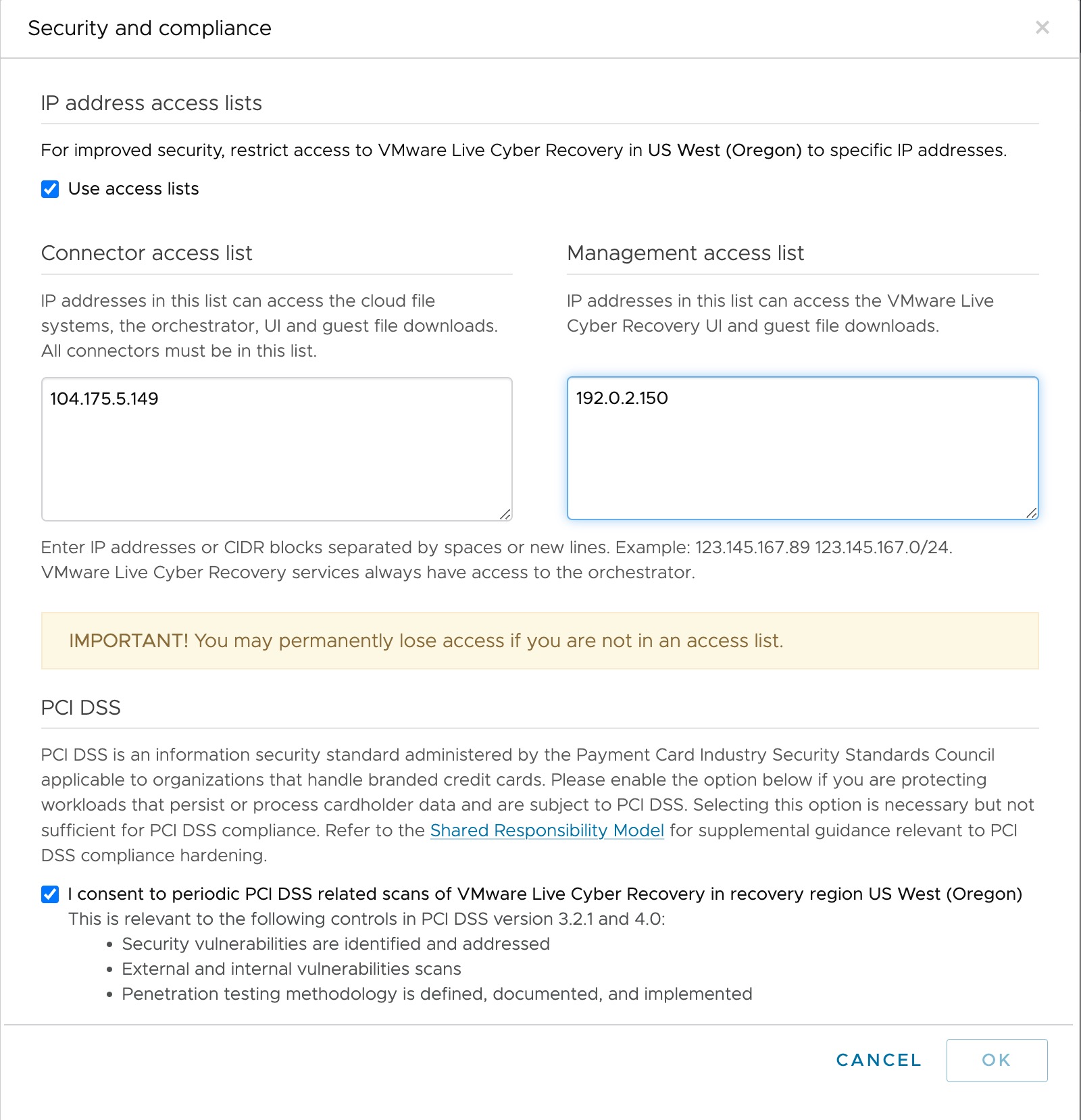 Security and compliance dialog box with access lists