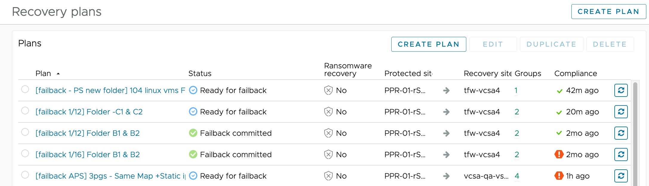 Recovery plans view in the VMware Live Cyber Recovery UI.