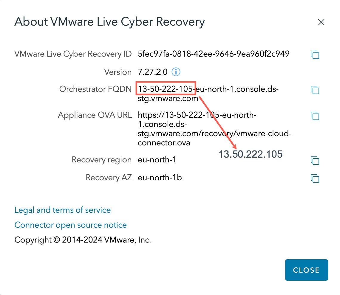 Convert the VMware Live Cyber Recovery Orchestrator FQDN to IP address for the allow list.