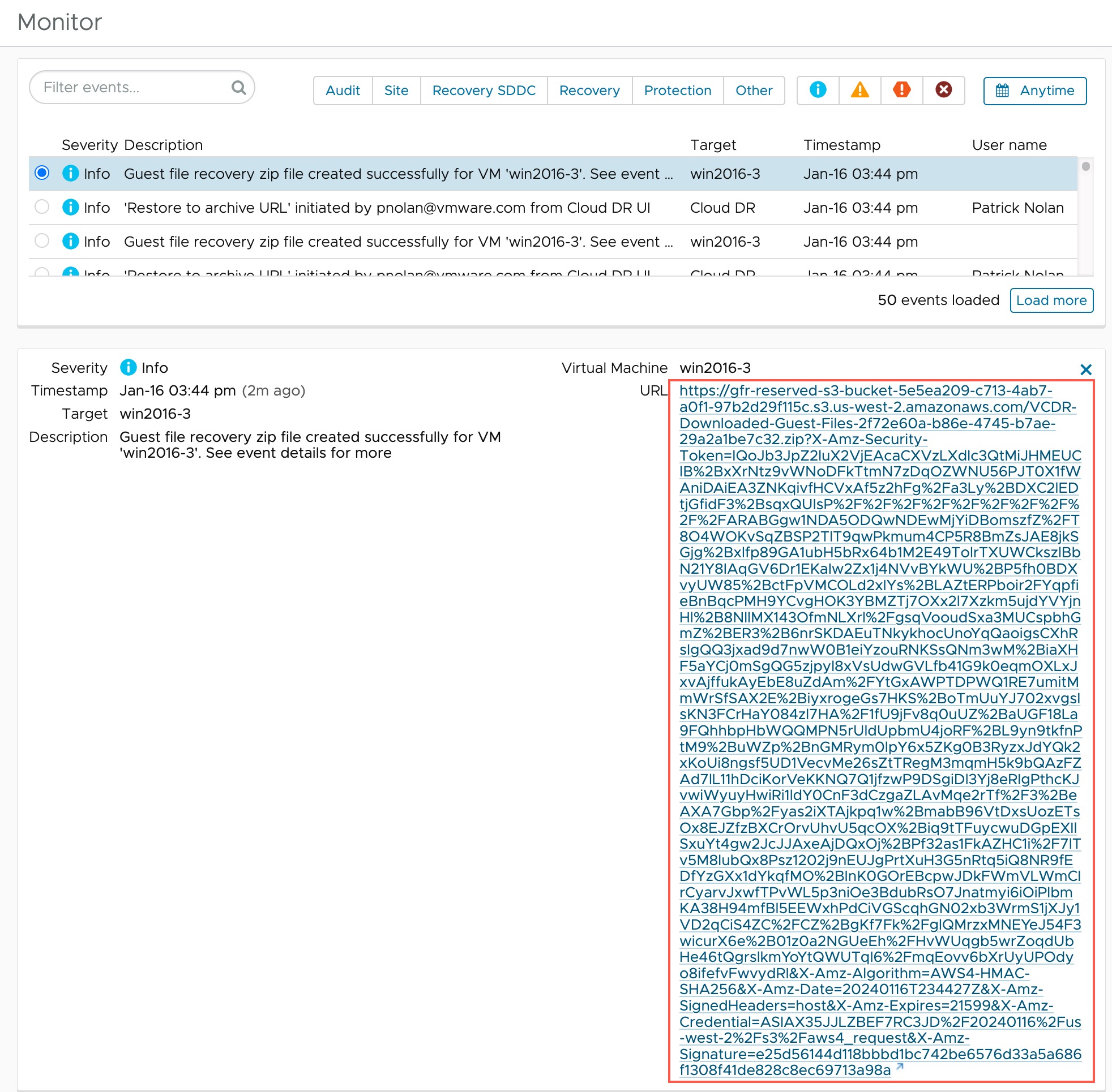 Guest file recovery ZIP package URL in the Monitor view.