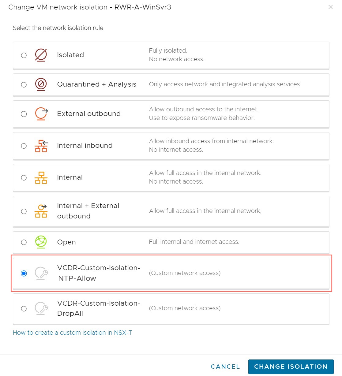 Custom isolation dialog as shown in the Change network isolation dialog box.