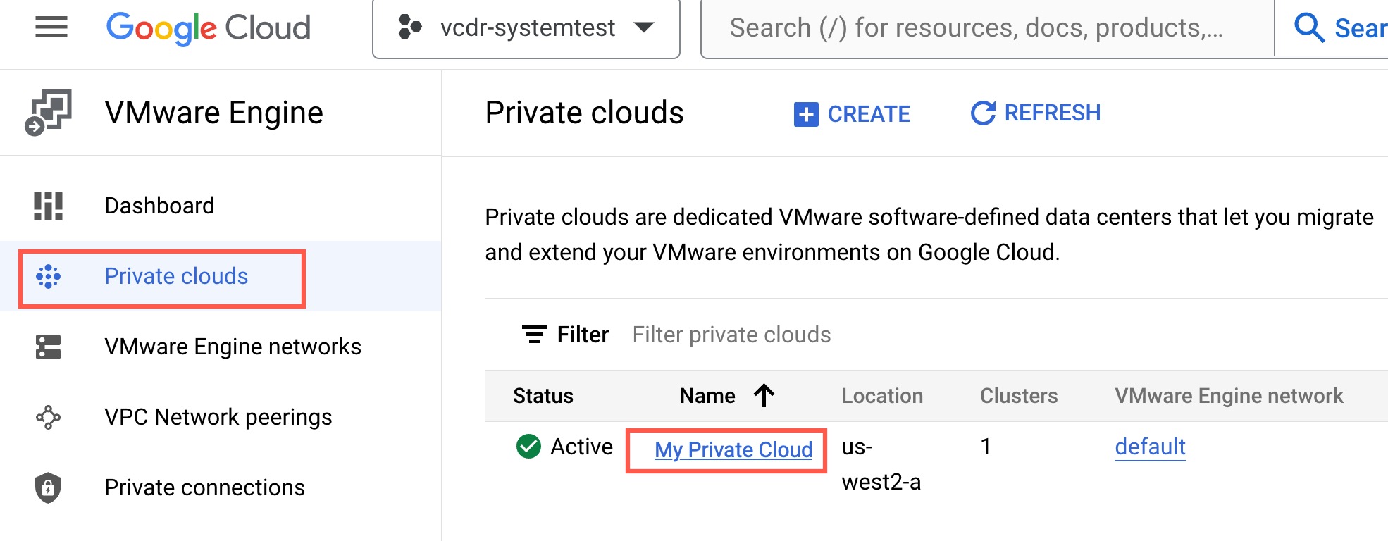Select your private cloud that you want to make a protected site.