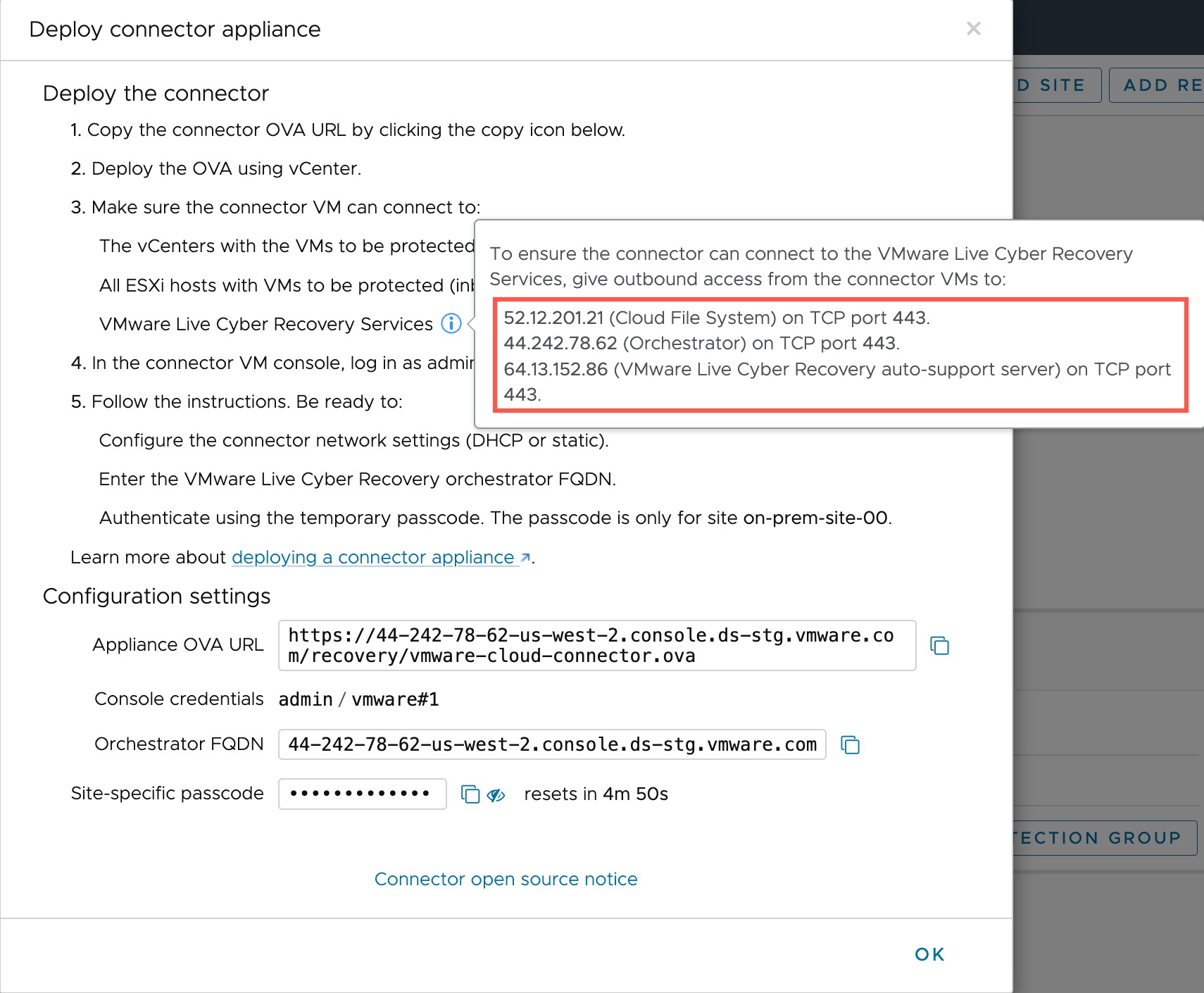 VMware Live Cyber Recovery component public IP addresses.