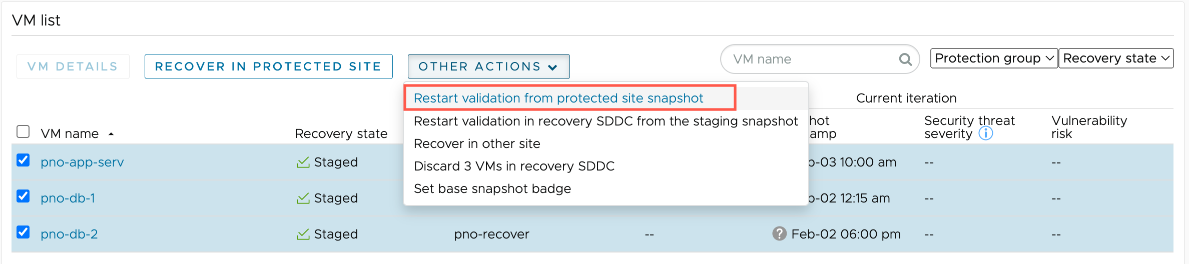 Restart validation from protected site snapshot operation