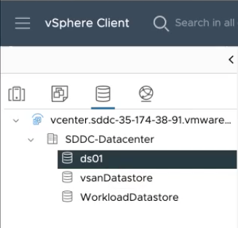 The cloud file system datastore named ds01 as seen in the SDDC vSphere client.
