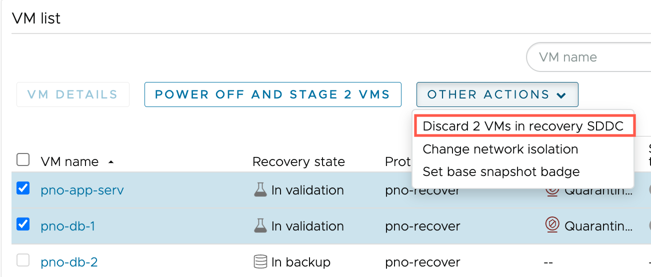 Menu item to discard VMs in Recovery SDDC.