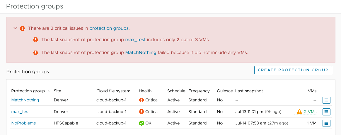 Screenshot of a protection group page with critical SLA status.