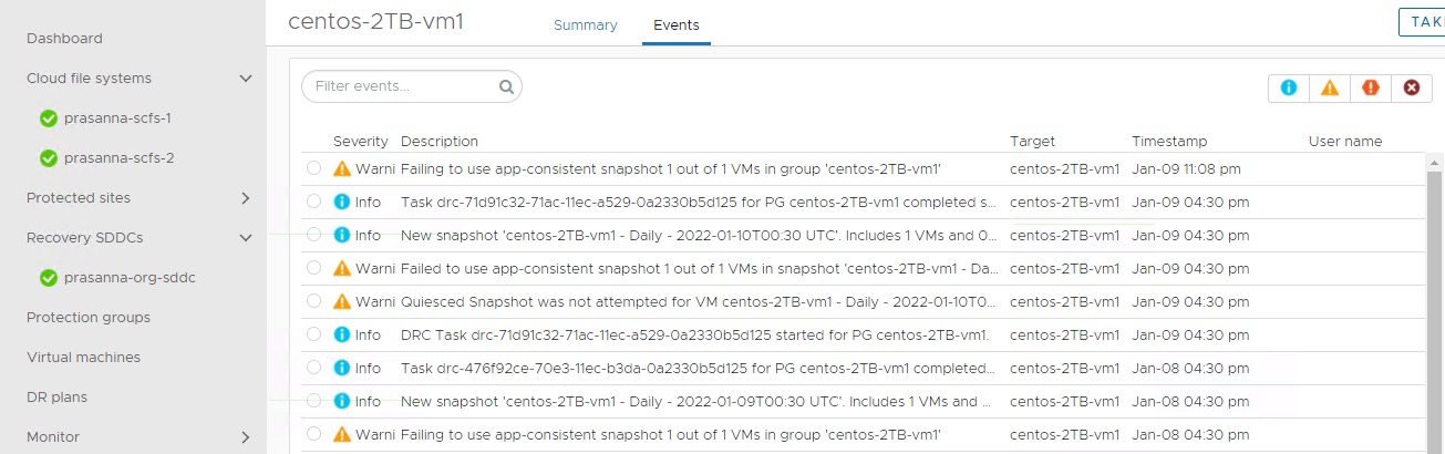 The Snapshot events list shows all events related to an individual snapshot.