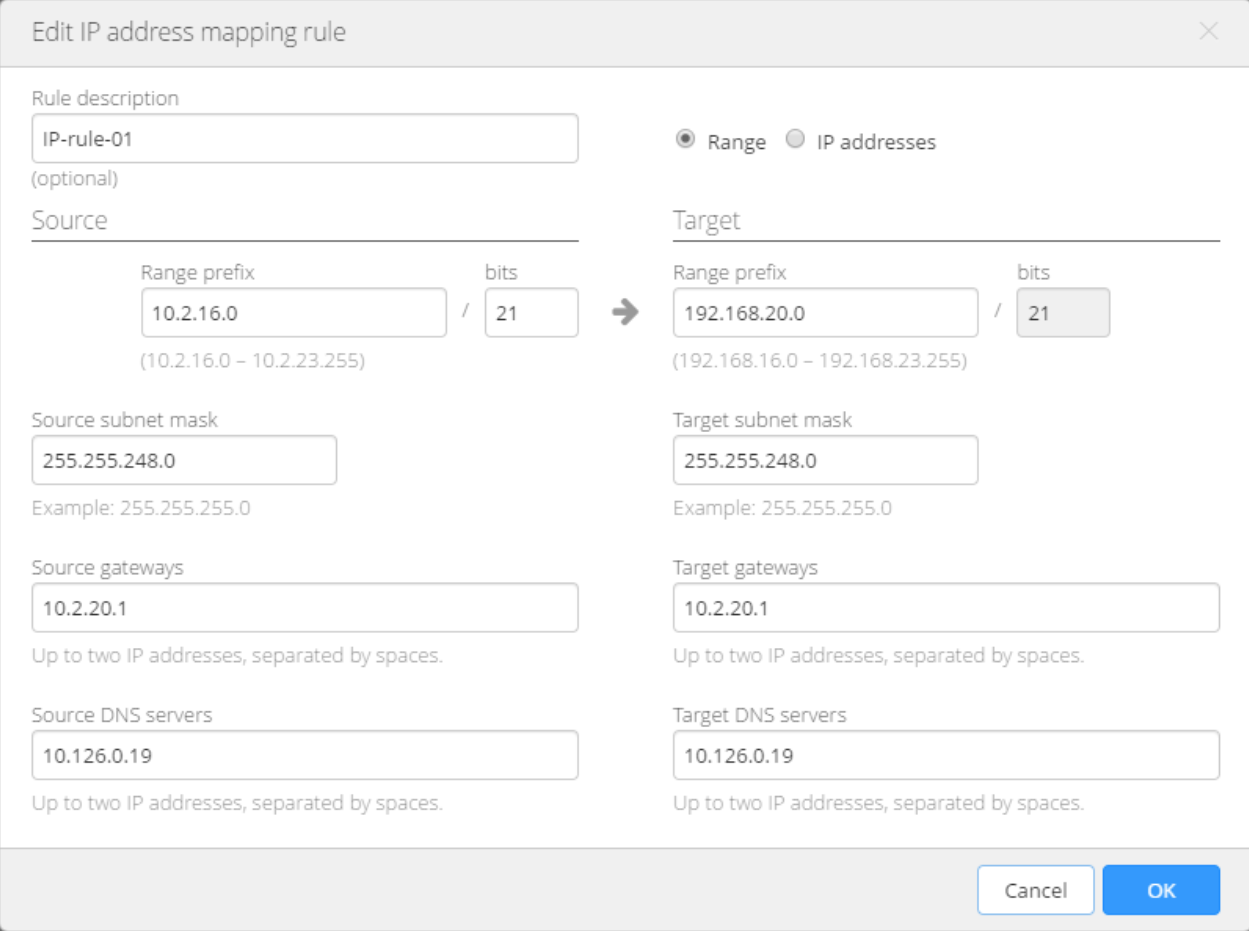 Configuring IP address range mapping in the recovery plan wizard.