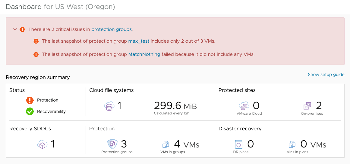 Screenshot of the dashboard showingcritical SLA status for protection groups.