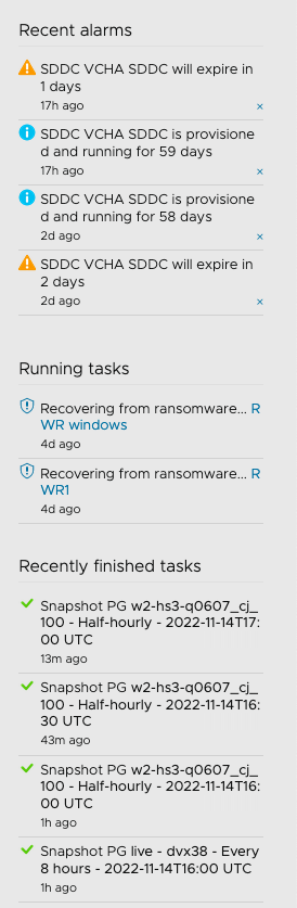 The tasks and alarms list in the VMware Live Cyber Recovery UI shows all current and recent tasks and alarms.
