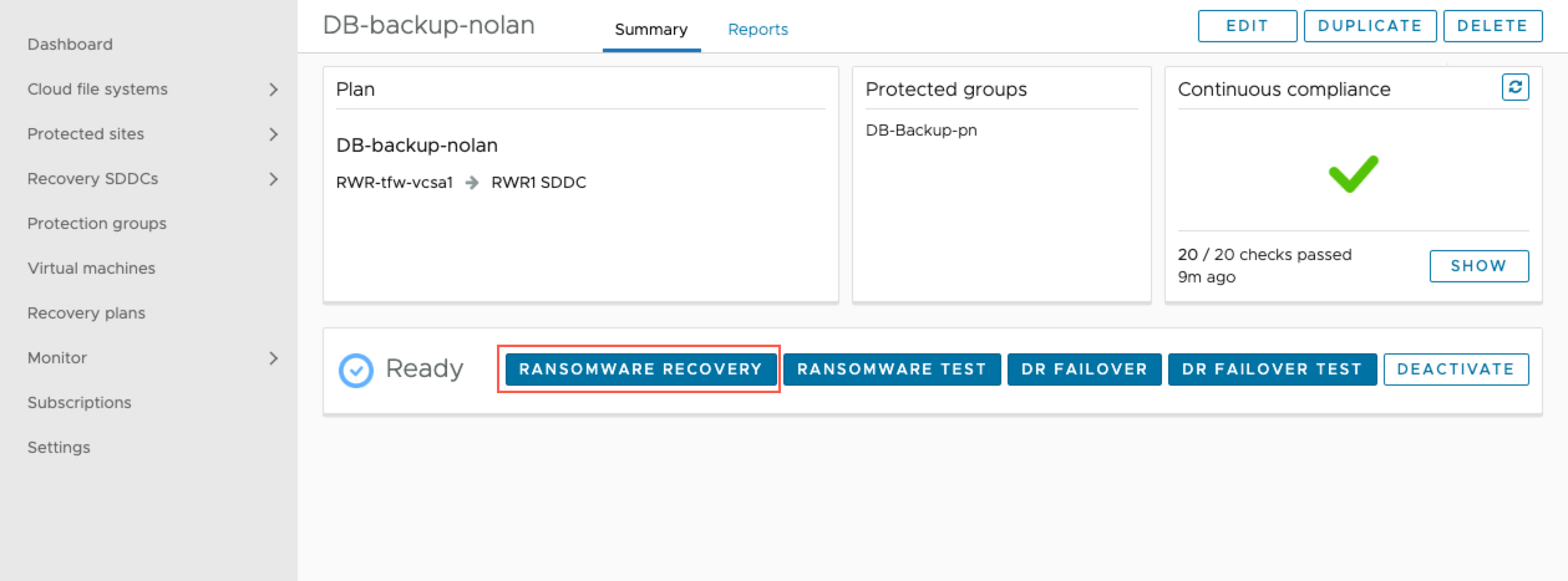 Run a ransomware recovery plan buttons.
