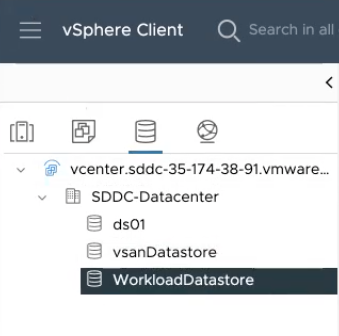 The recovery SDDC datastore named WorkloadDatastore as seen in the vSphere client.