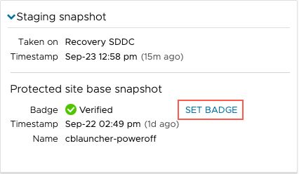 Set Badge link from the VM summary page during ransomware recovery.