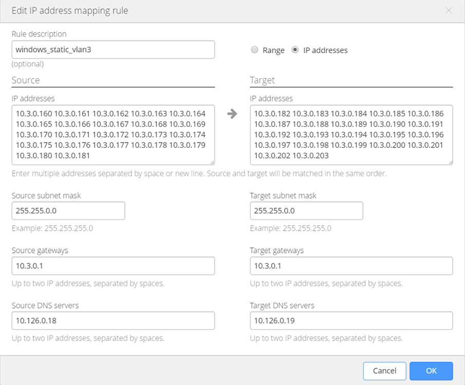 IP address mapping dialog for a DR Plan.