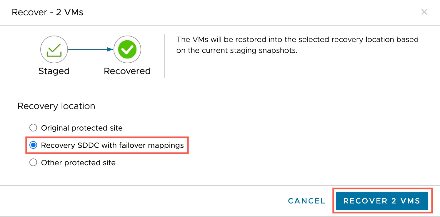 Recover VMs on the recovery SDDC.