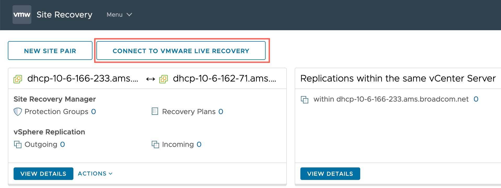 Click the Connect to VMware Live Recovery.