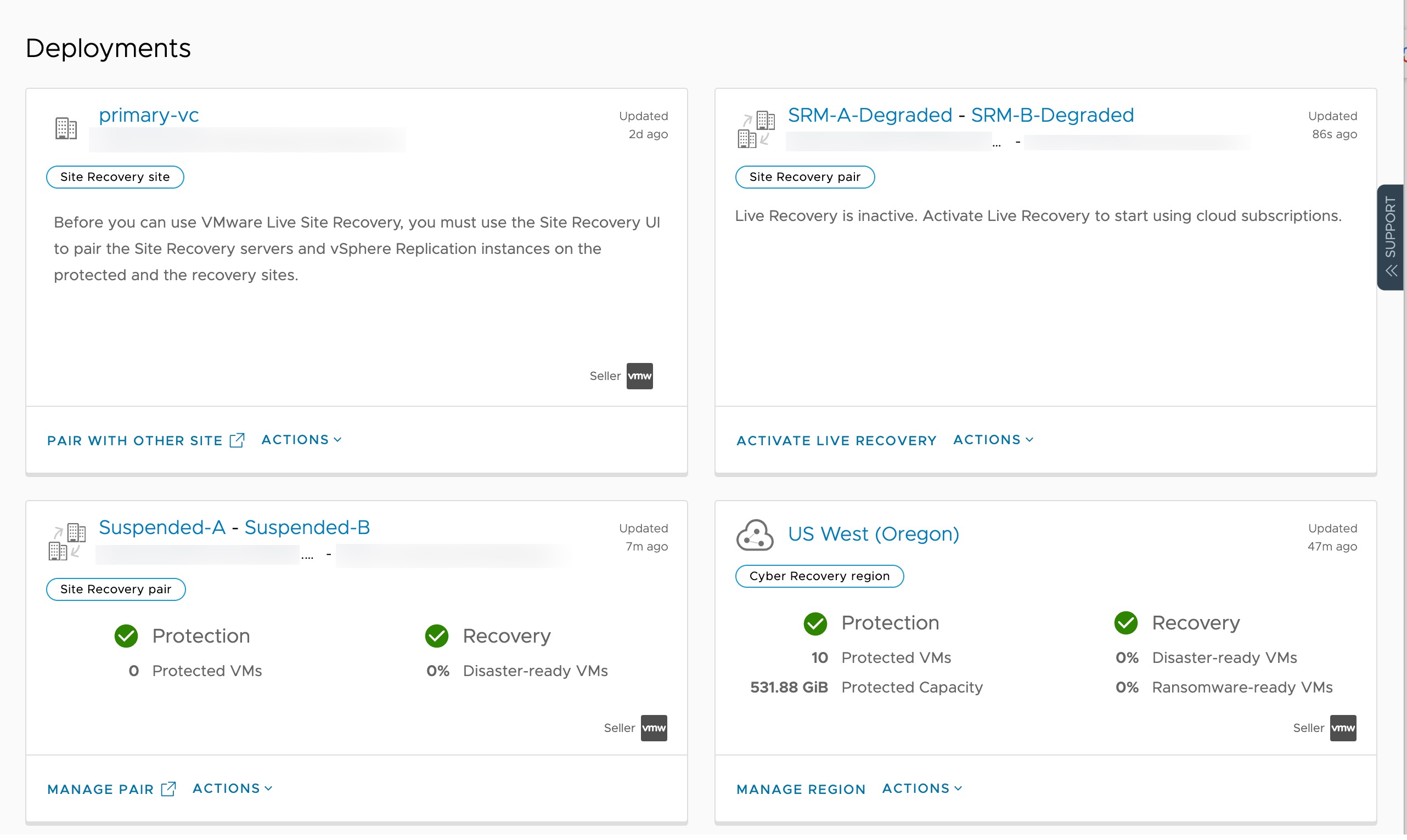 The Deployments section of the VMware Live Recovery console provides status and access to each deployment.