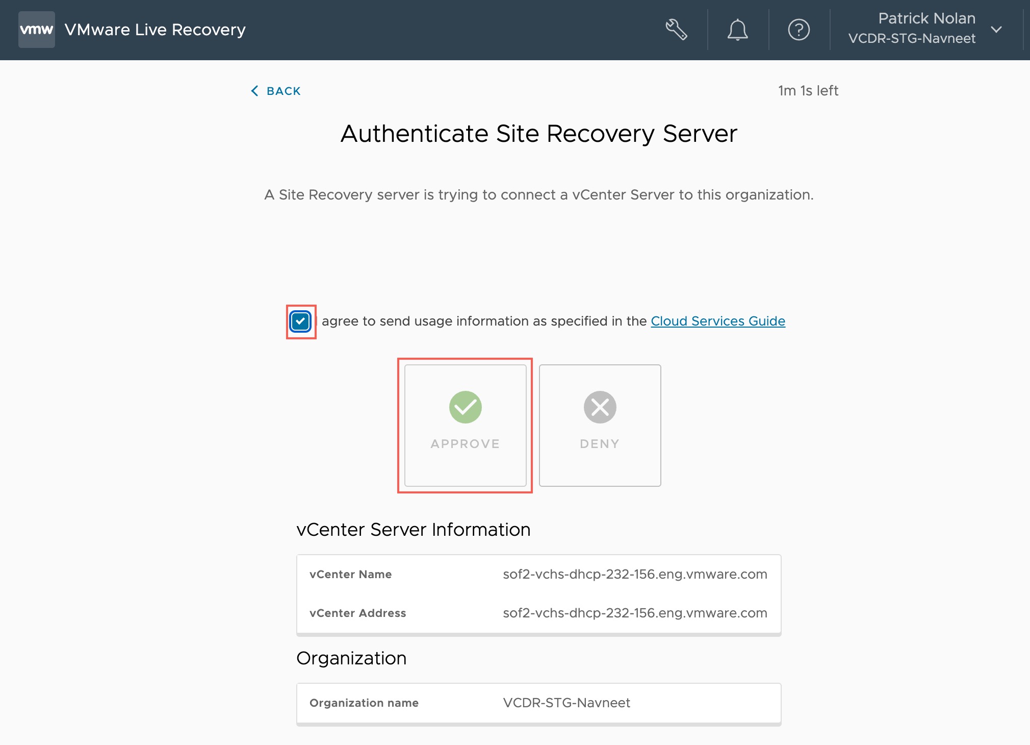 You must approve the authentication between Site Recovery and VMware Live Recovery.