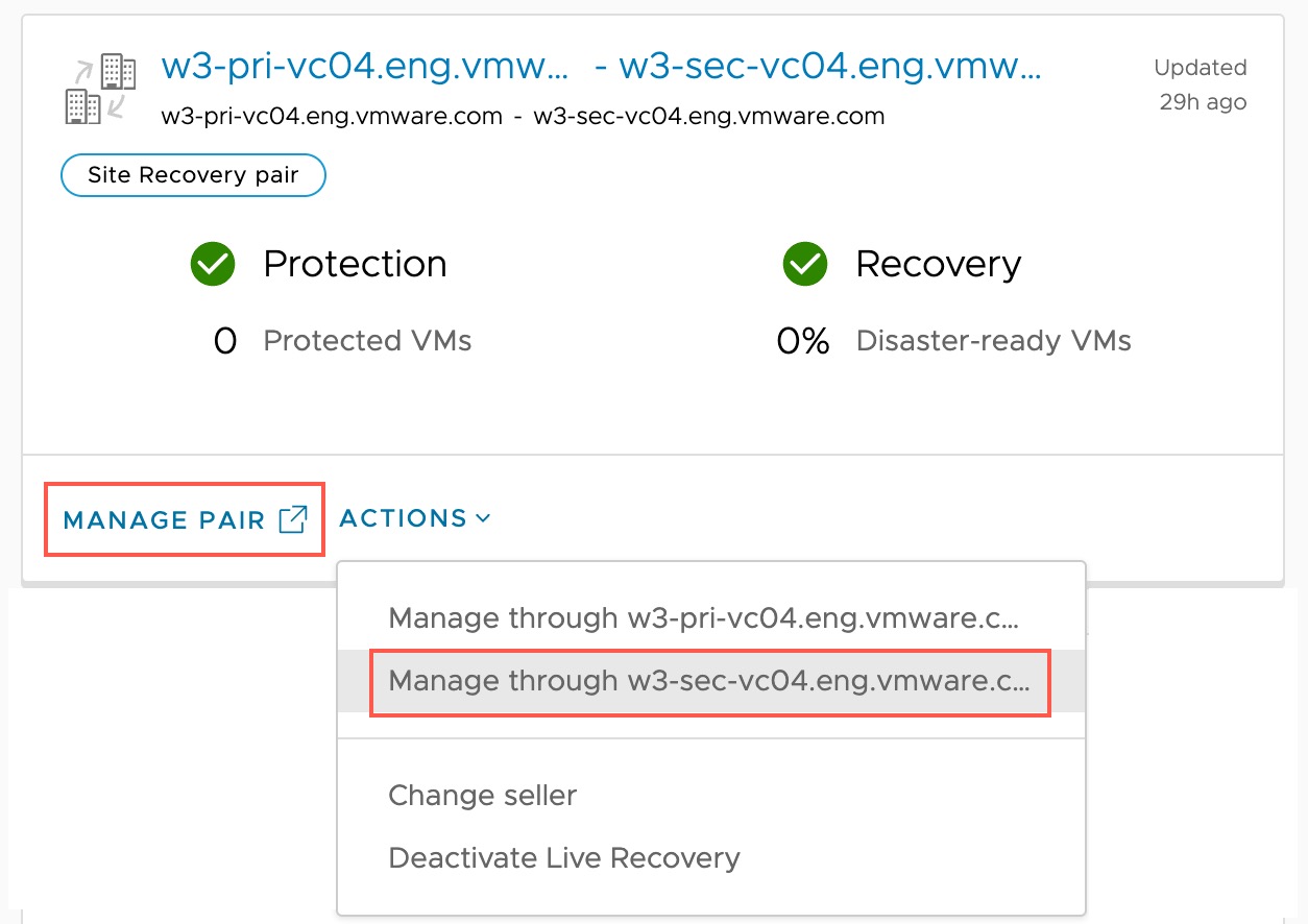 You can manage sites from VMware Live Recovery on the site pair tile.