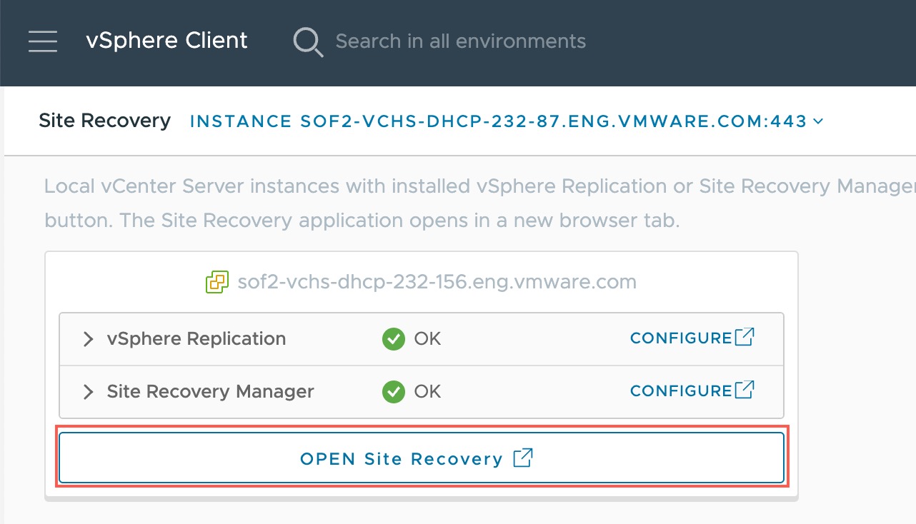 Click Open Site Recovery to enable connnecting with vCenter Server.