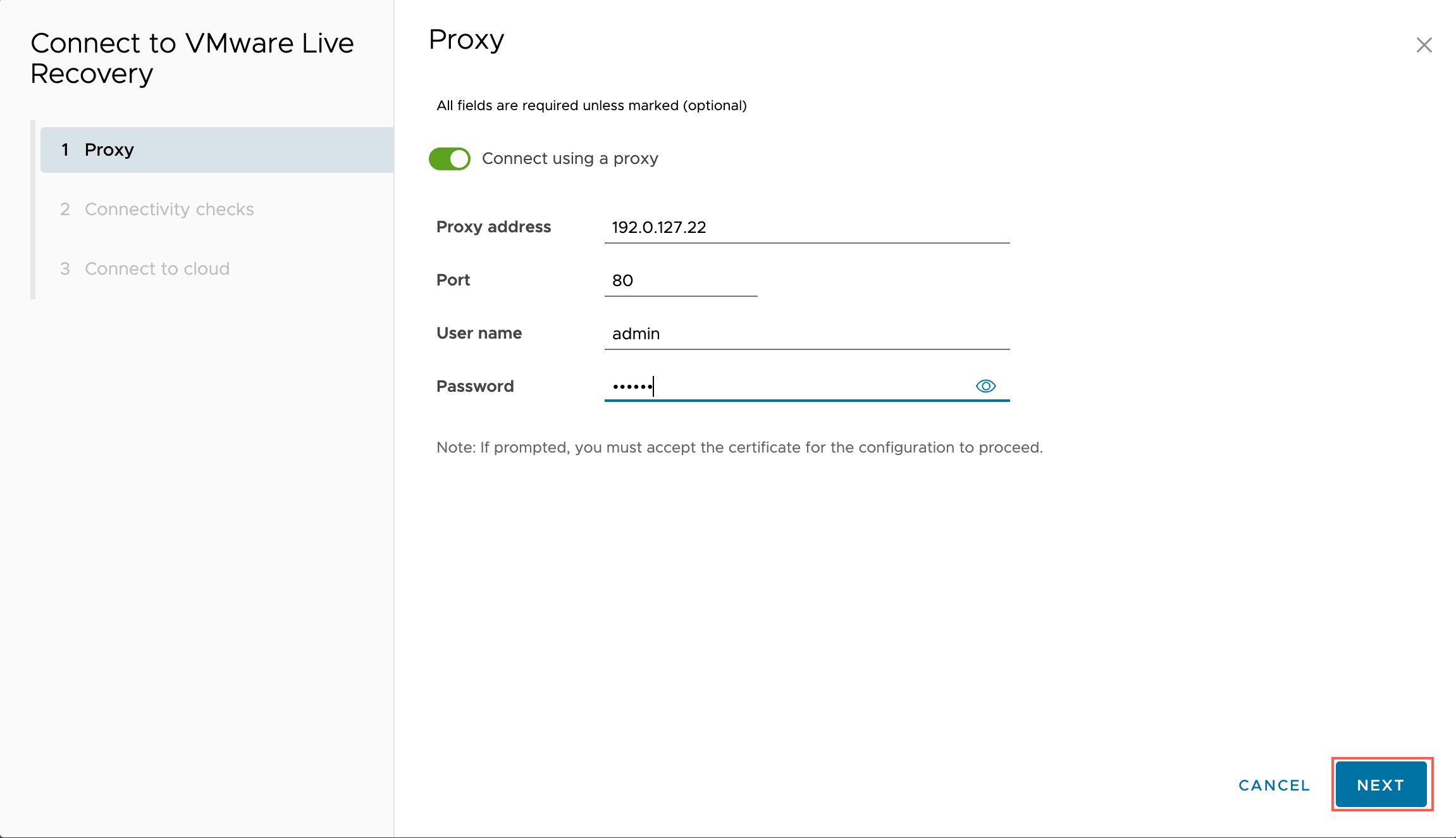 You can optionally configure a proxy connection to VMware Live recovery.