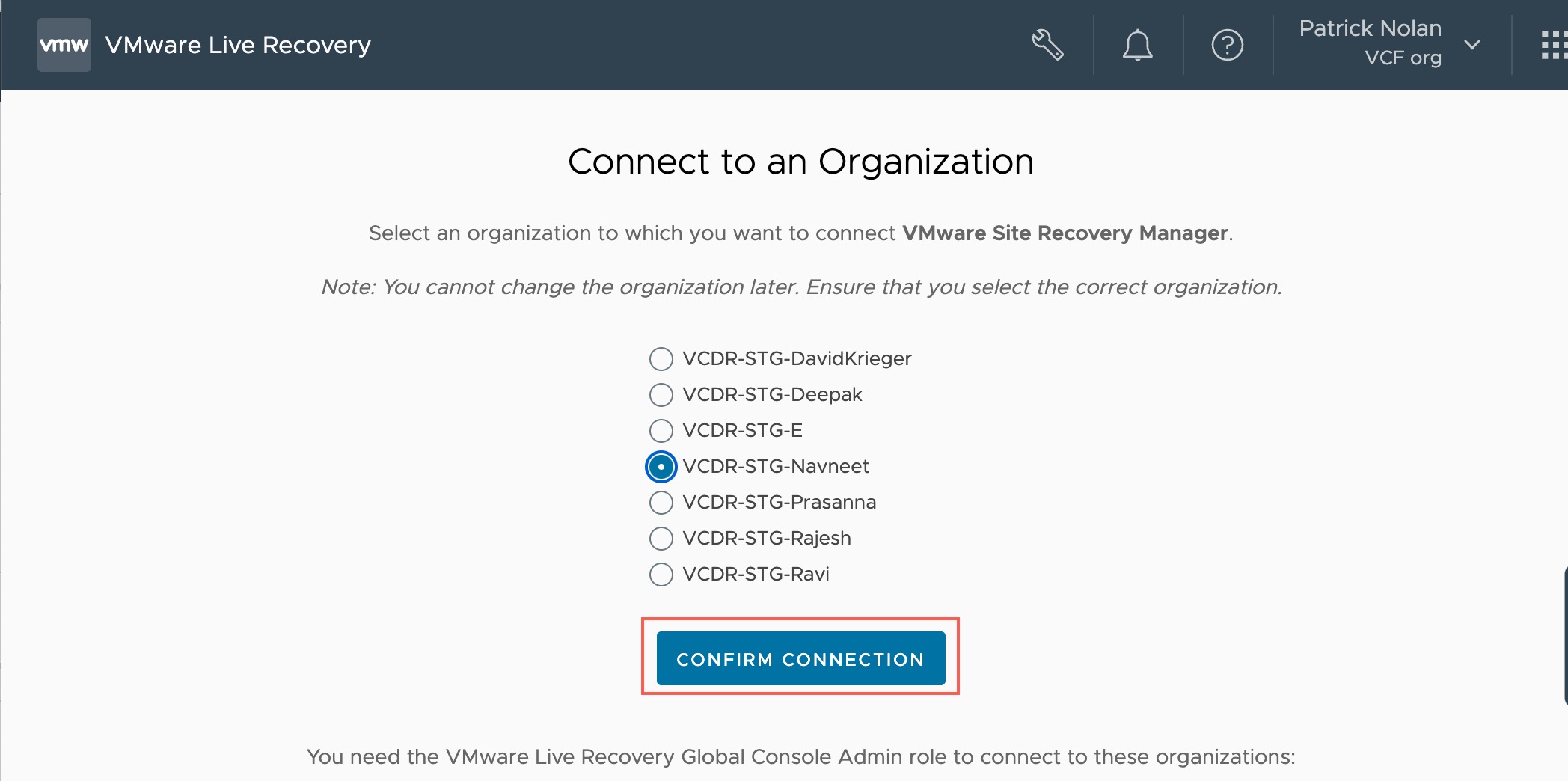 Select a VMware Cloud Organization to connect Site Recovery to.