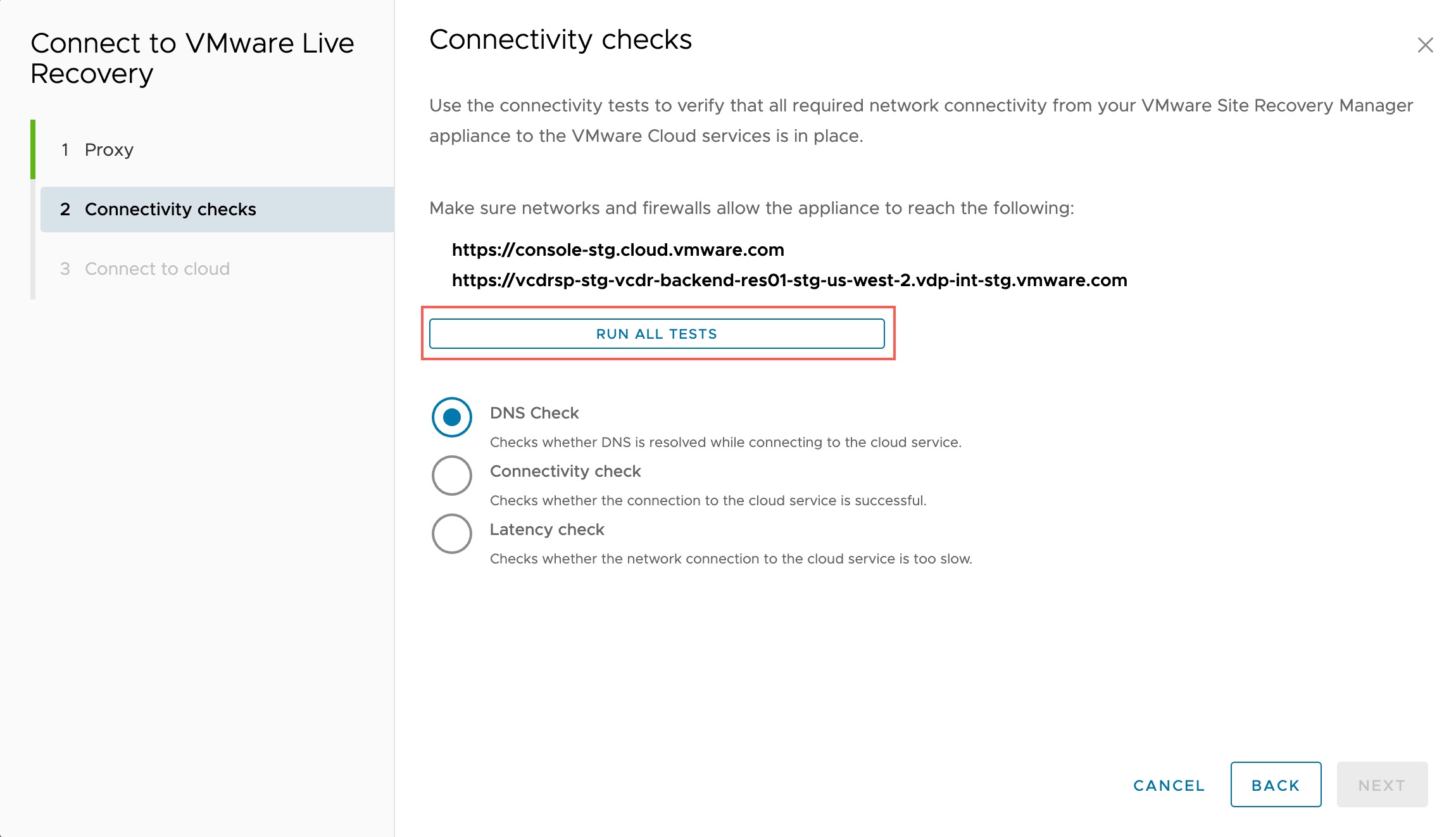 Check connectivity between Site Recovery and VMware Live Recovery.