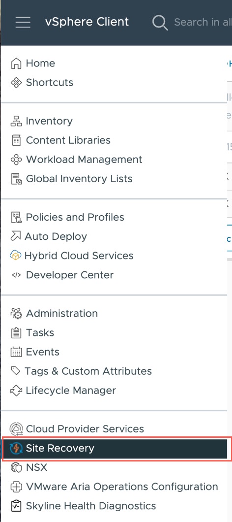 Select Site Recovery from the vSphere Client.