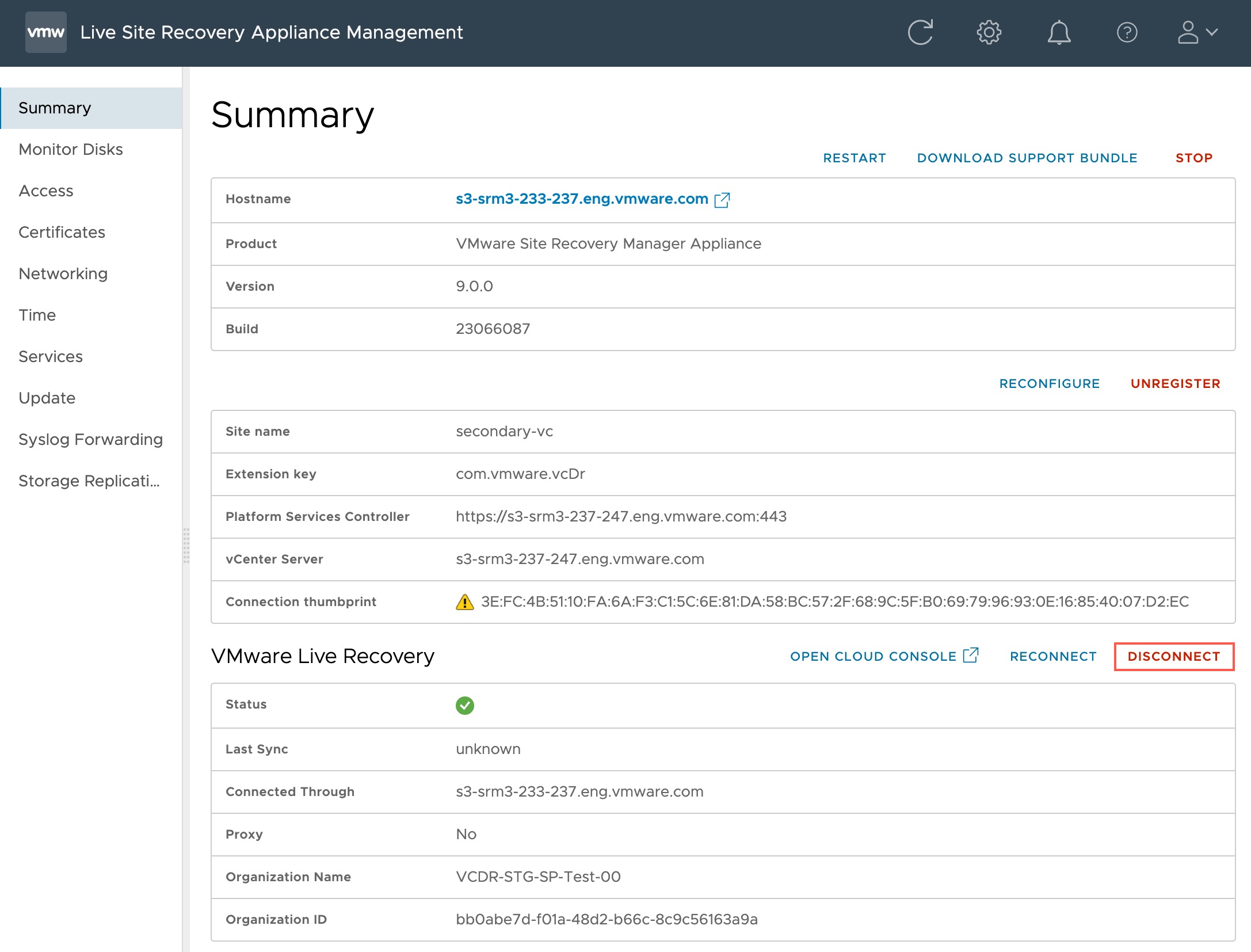 Disconnect VMware Live Recovery from Site Recovery Manager for the pair.