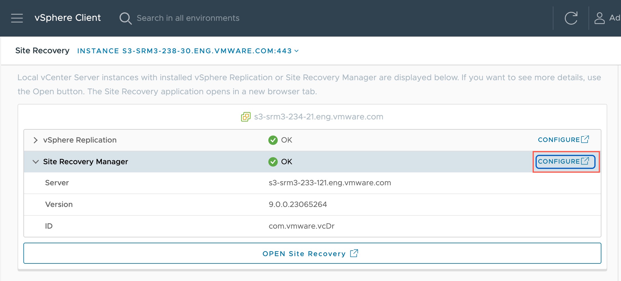 Click Configure to access VMware Live Recovery on the SRM server.