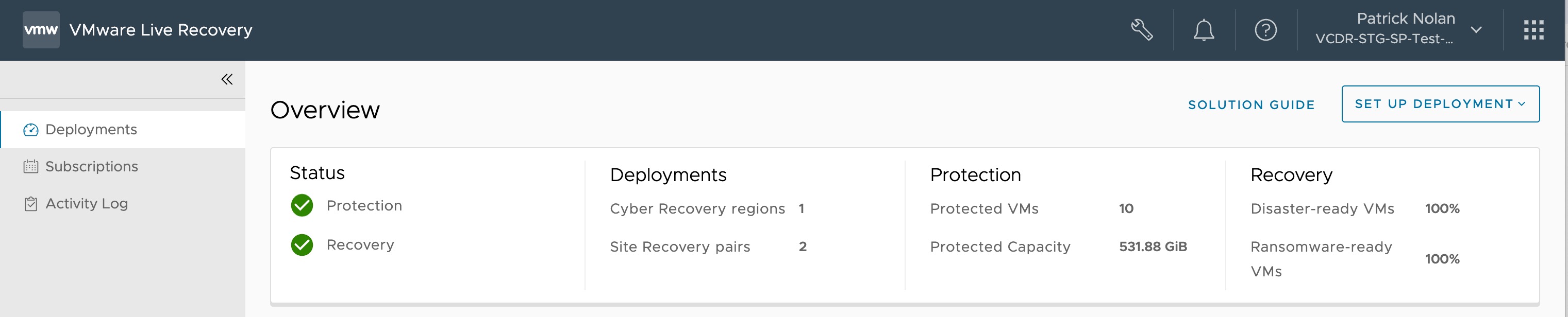 VMware Live Recovery console showing a high level overview of health status, deployments, protection, and recovery.