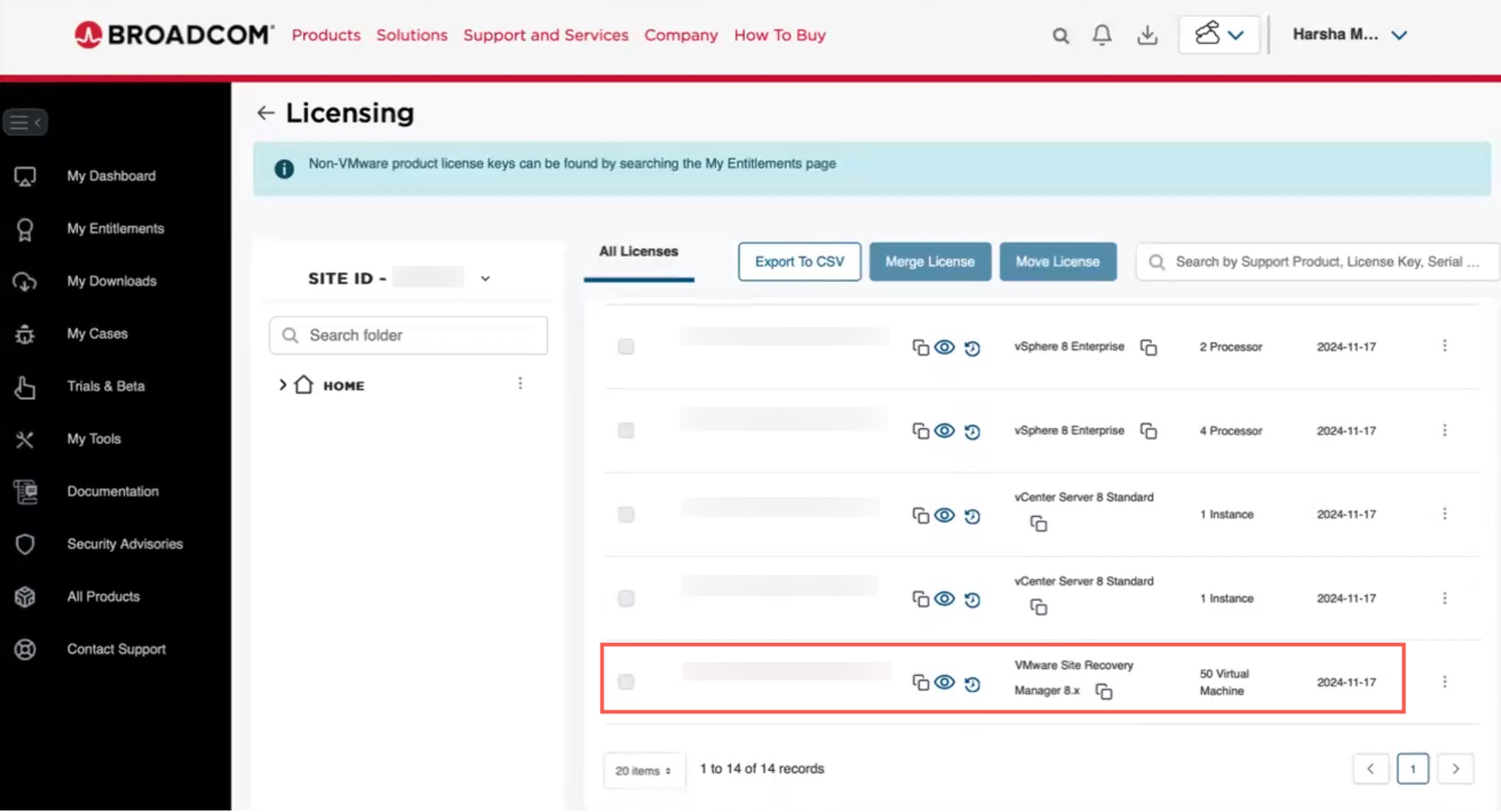 Scroll to find the Site Recovery Manager license, which will be used to enable VMware Cloud Director Availability.