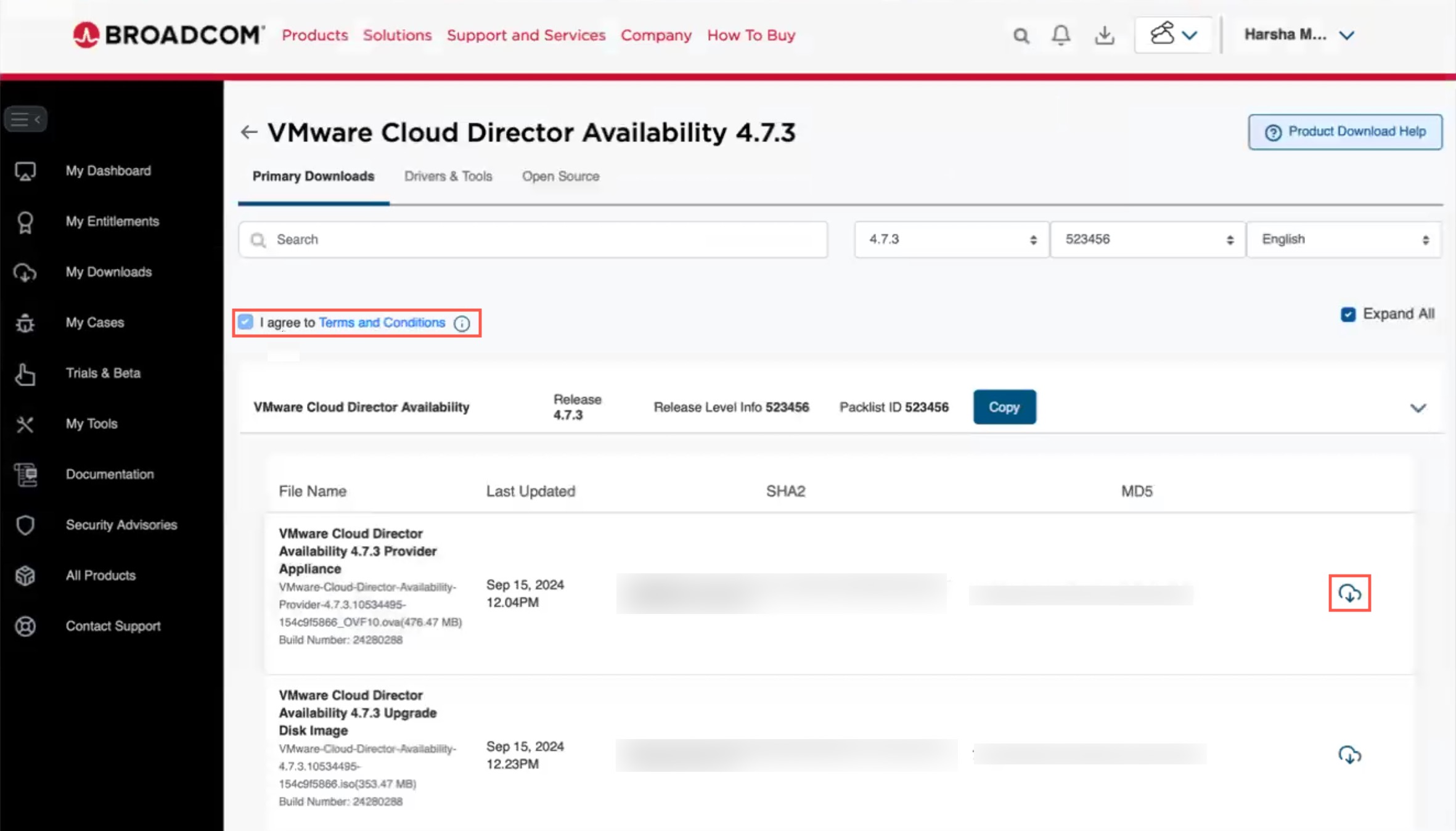 Select the download icon to download VMware Cloud Director Availability 4.7.3 .