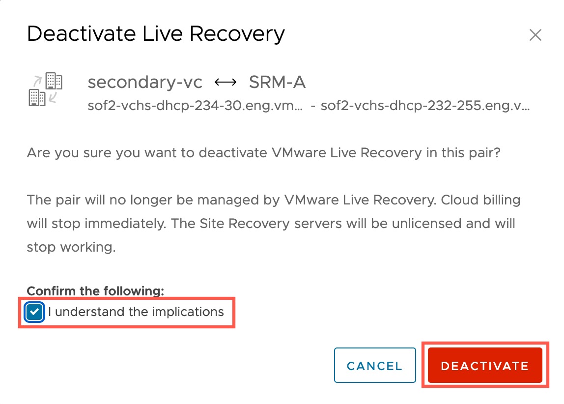 Deactivate VMware Live Recovery for a site pair dialog.