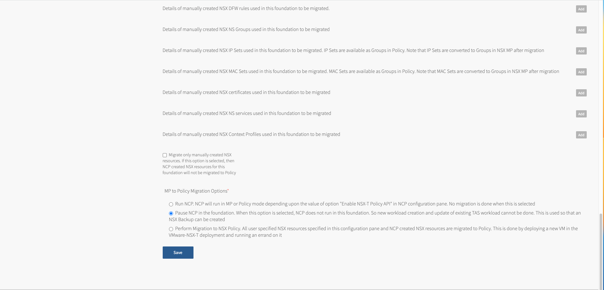 Screen showing the MP to Policy migration configuration