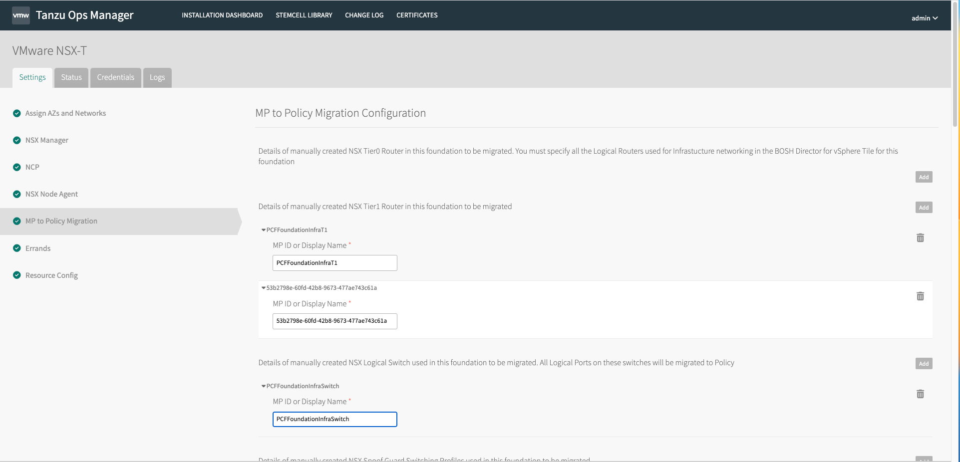 Screen showing the MP to Policy migration configuration