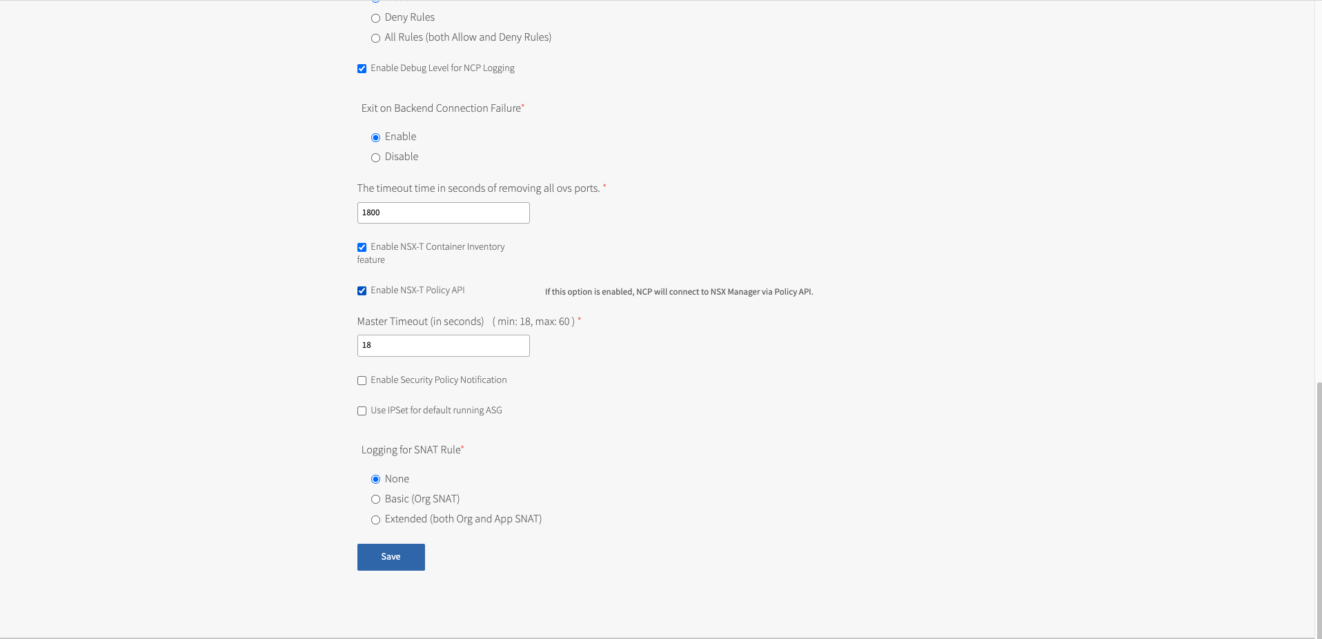 Screen showing the NCP configuration