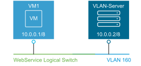 Sample tolpology that shows a VM and VLAN server configured on the subnet 10.