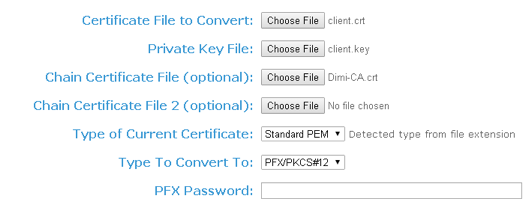 A client certificate file, a private key file, and a chain certificate file are selected for conversion to PFX format.