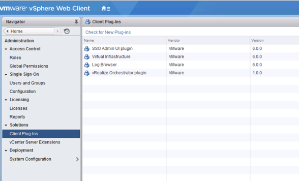 The Client Plugins page of the vSphere Web Client shows that the vShield Manager plugin is removed.