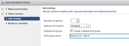 Edit settings page to specify the number of uplink ports, resource allocation, and default port group name.