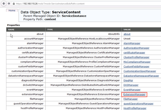 ExtensionManager highlighted on the managed object browser page.