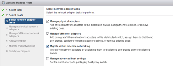 Select network adapters page with check boxes to select the physical adapters, VMkernel adapters, and virtual machine networking for migration.