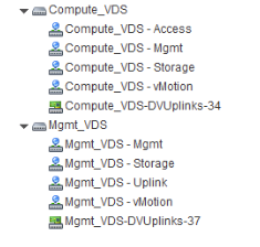 Compute VDS and Management VDS contain distributed port groups for different traffic types, uplink ports, and access ports.