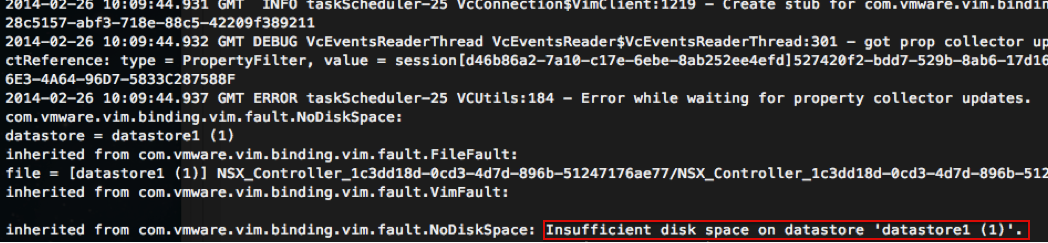 Controller deployment failed due to insufficient disk space on datastore.