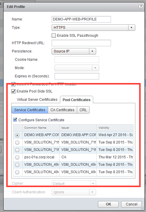 Enable Pool Side SSL check box is selected and the pool certificate is selected.