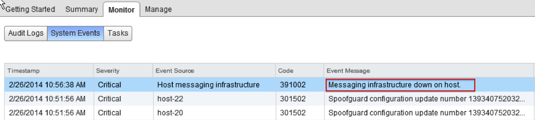 System Events page displays an event message when the messaging infrastructure on the host is down.