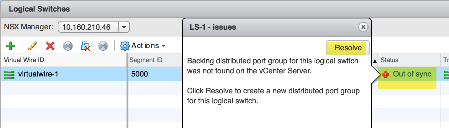 Click Resolve to create a new distributed port group for the logical switch.