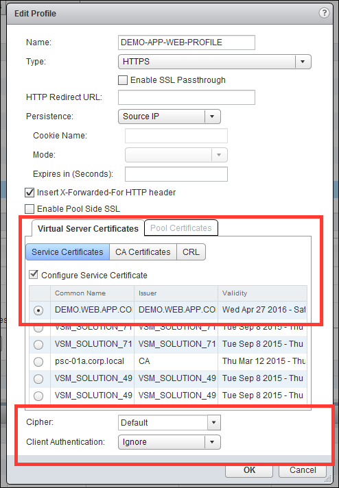 Configure Service Certificate check box is selected. Default Cipher is used and Client Authentication is set to ignore.